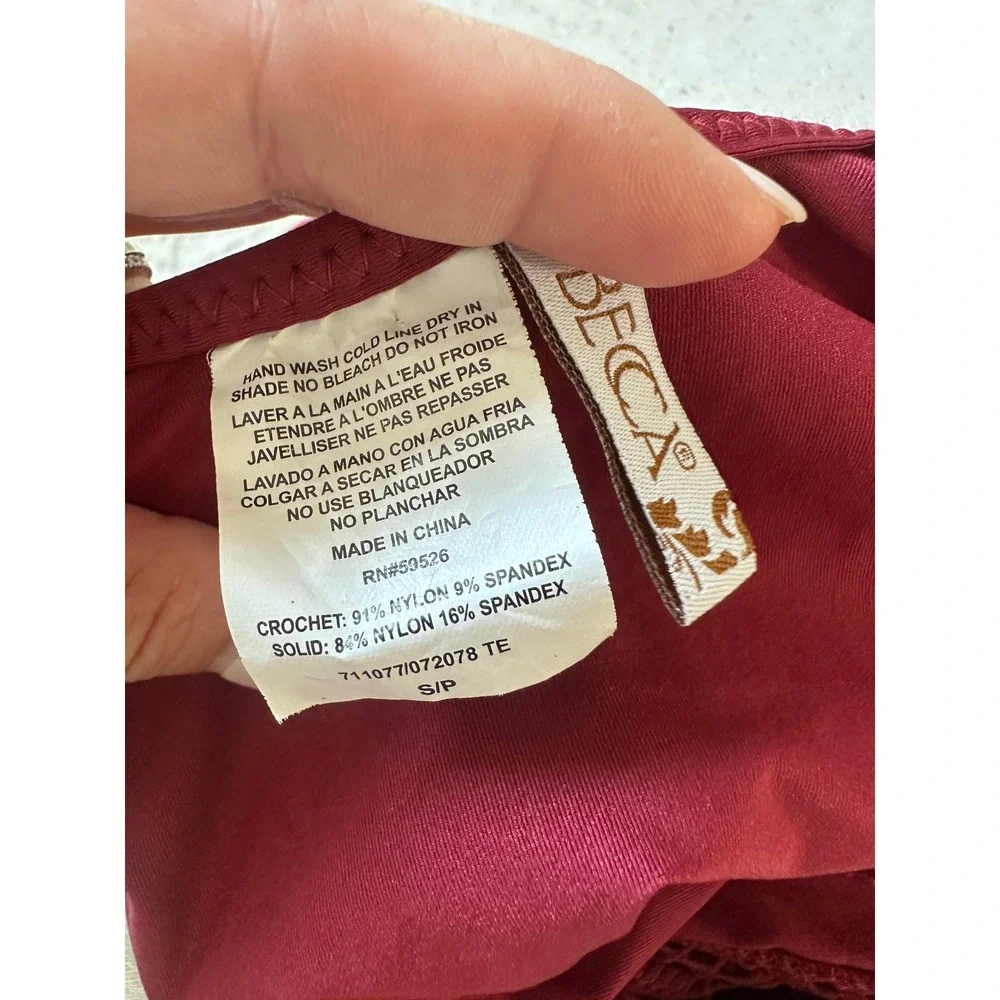 BECCA by Rebecca Virtue Crochet Plunge Neck One Piece Keyhole Swimsuit Maroon S